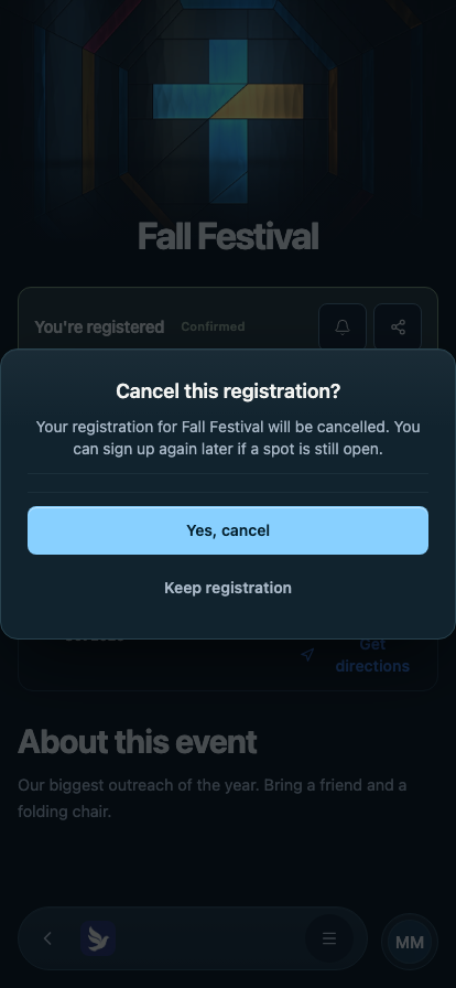 The cancel confirmation dialog with Keep registration and Yes, cancel