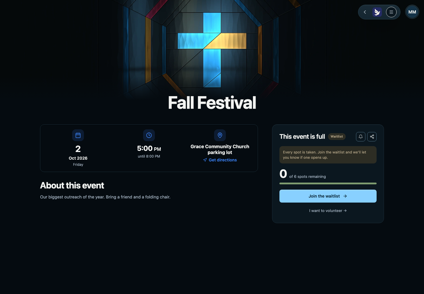 A full event's public card reading This event is full with a Join the waitlist button and a volunteer link