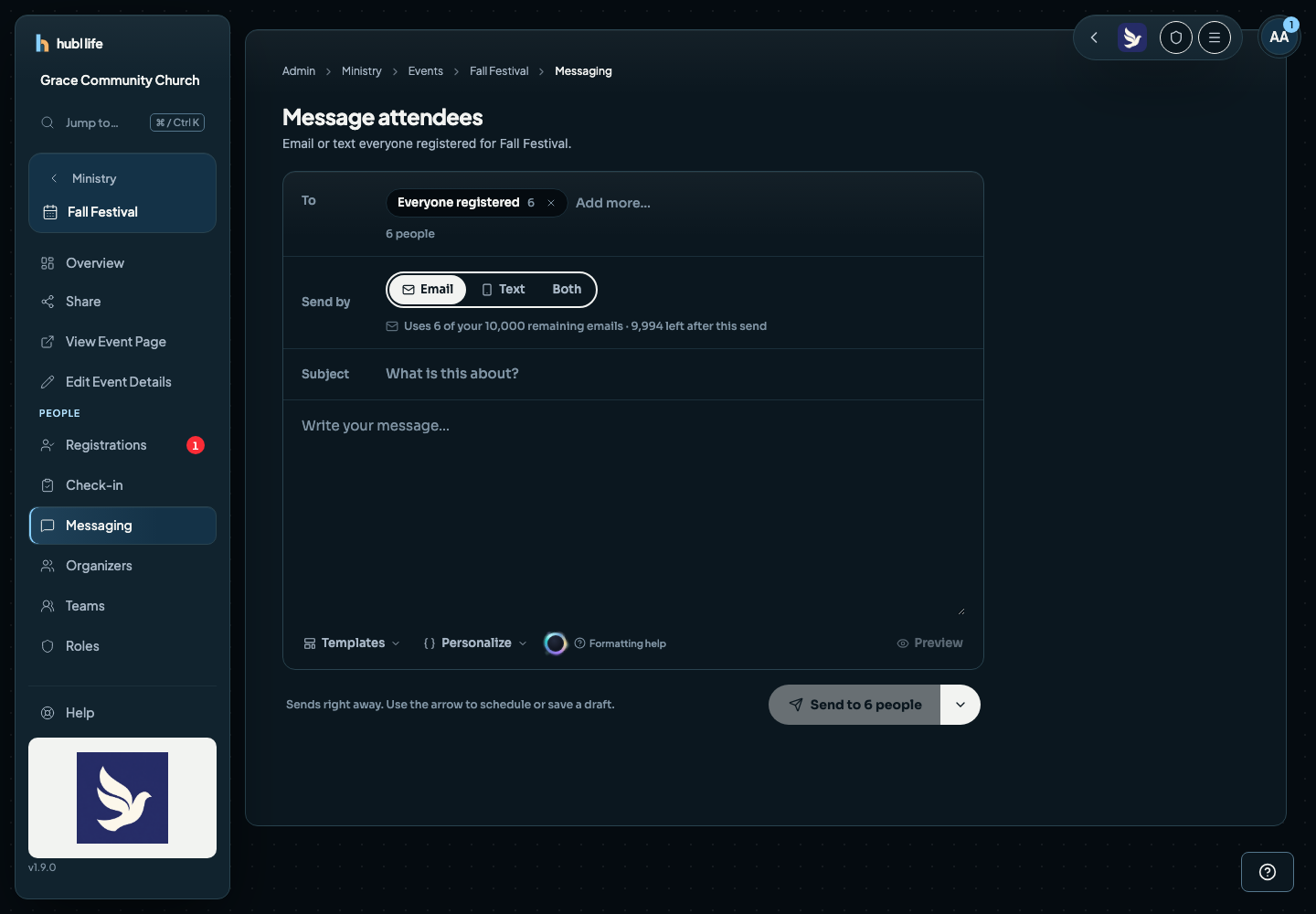 The Recipients dialog listing Everyone registered plus RSVP status groups for confirmed, waitlisted and pending people