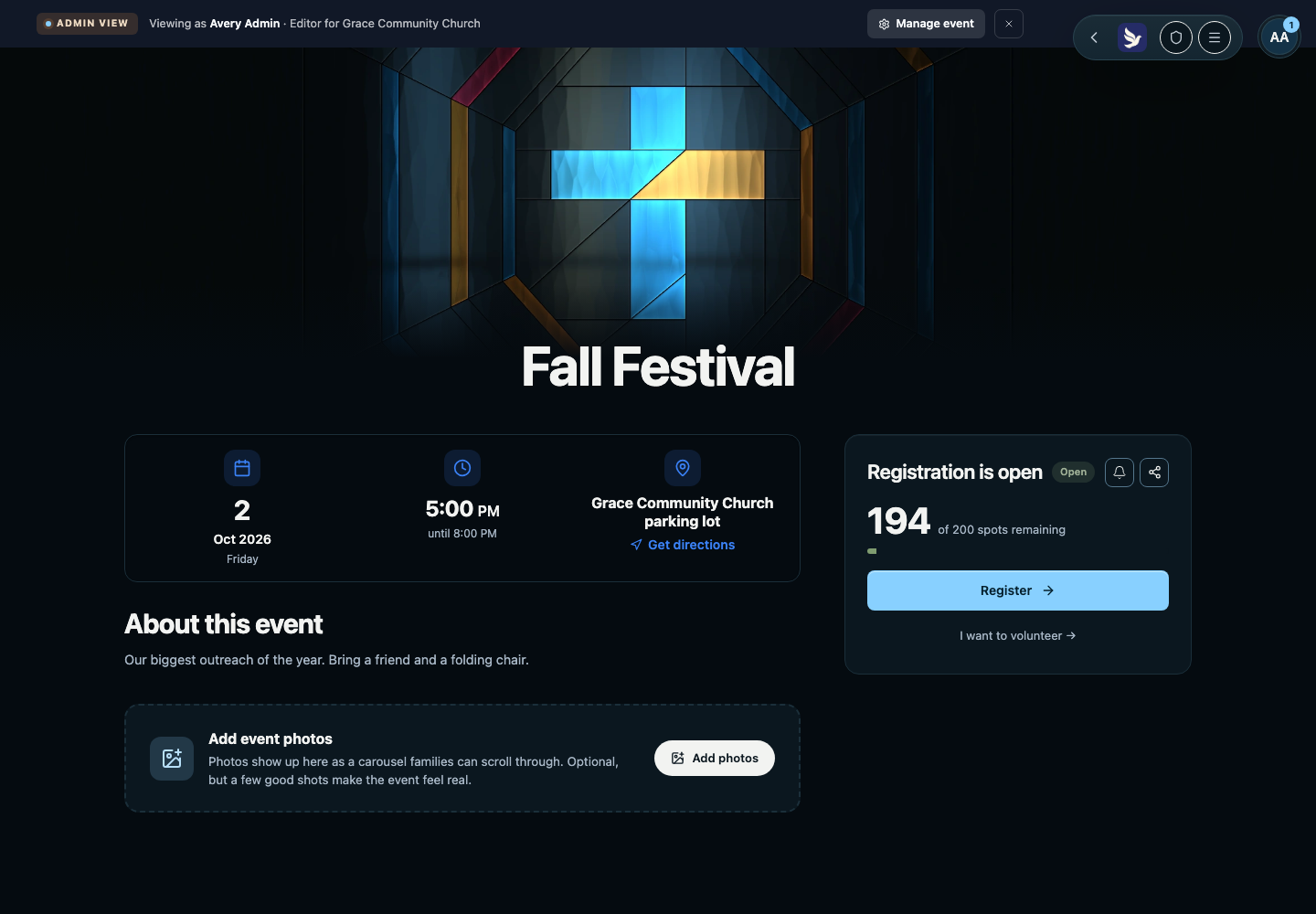 The public event page showing Sign-ups are open, spots remaining, a Register button, and a volunteer link