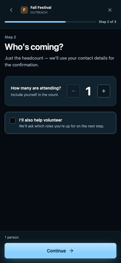 The Who's coming step on a phone asking how many are attending, with a volunteer option below