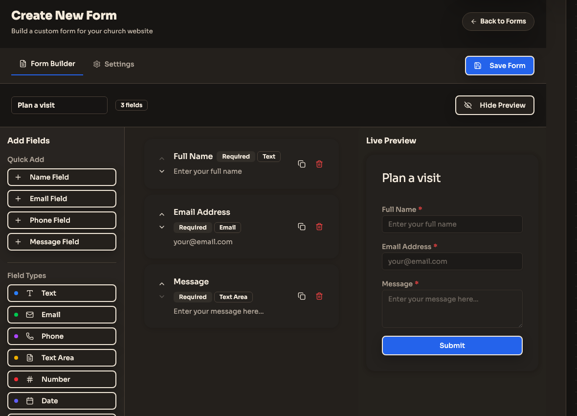 Form Builder with a named form, field controls, and the live preview