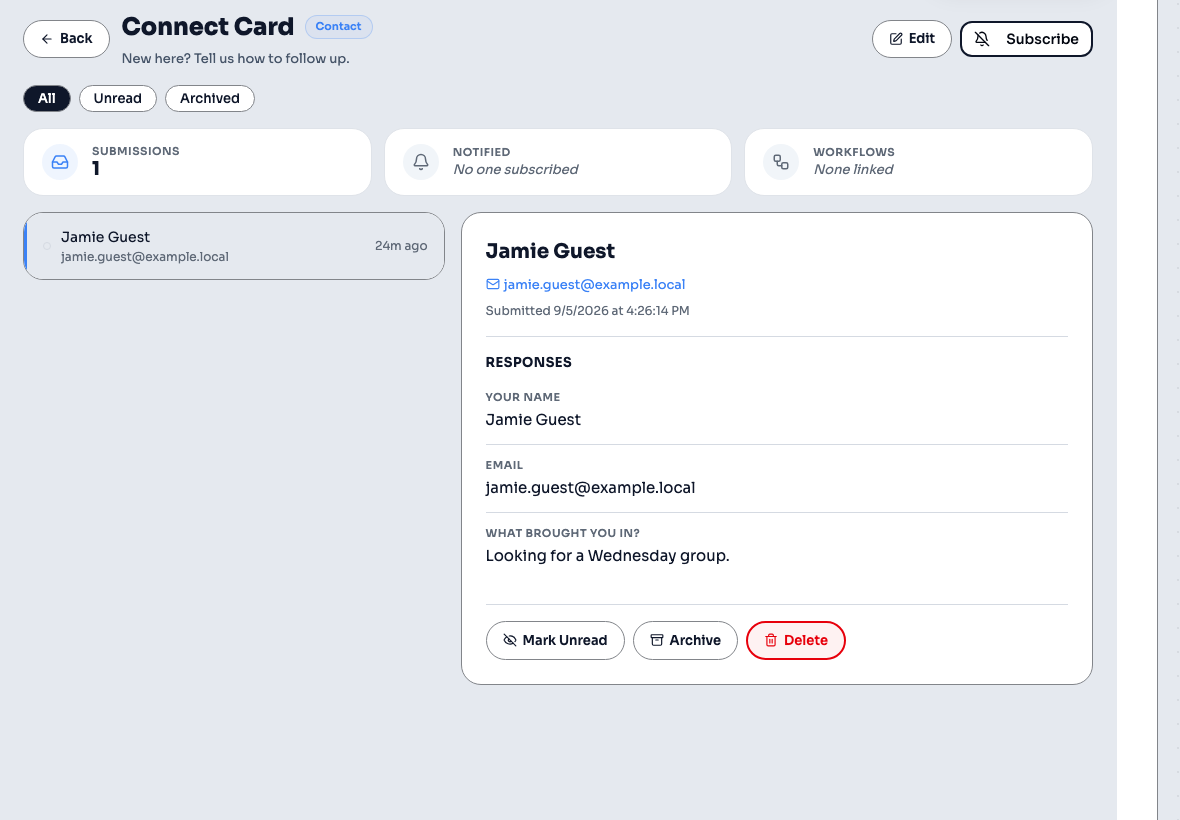 Form submissions screen with a response selected beside the response list