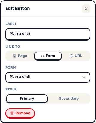 Edit Button panel with Link To set to Form and a form selected