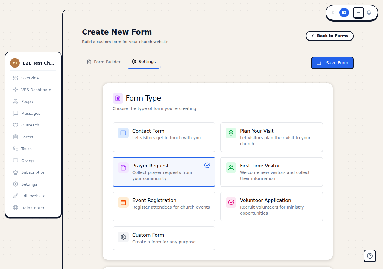 The form settings tab showing form type, redirect URL, confirmation message, and active toggle