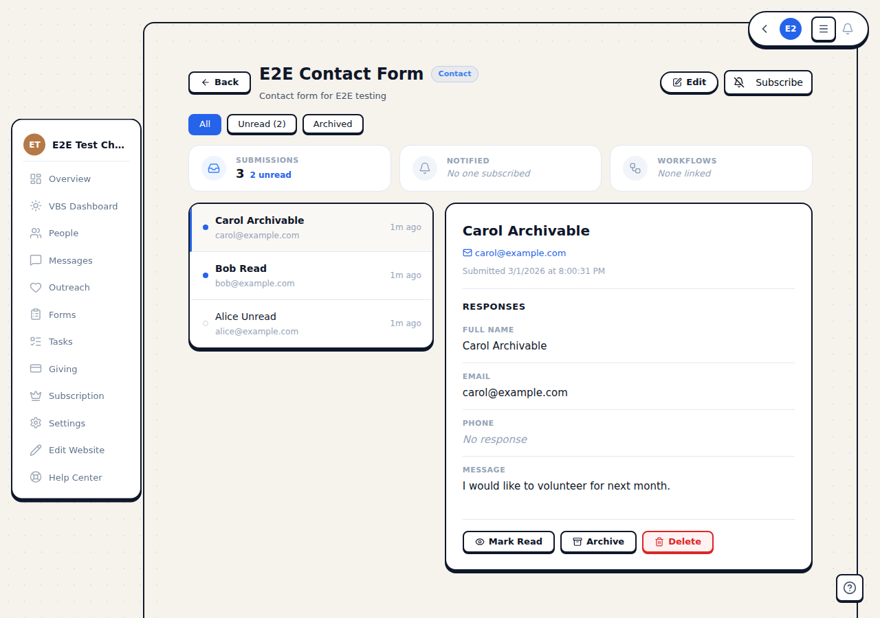 A submission detail dialog showing contact info, field responses, and action buttons