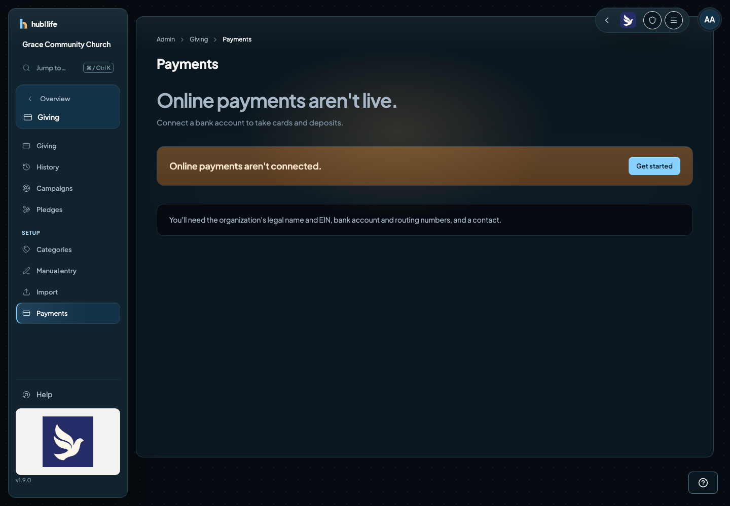 The Payments page before setup, reading Online payments aren't live, with a Get started action and the list of details Stripe will ask for