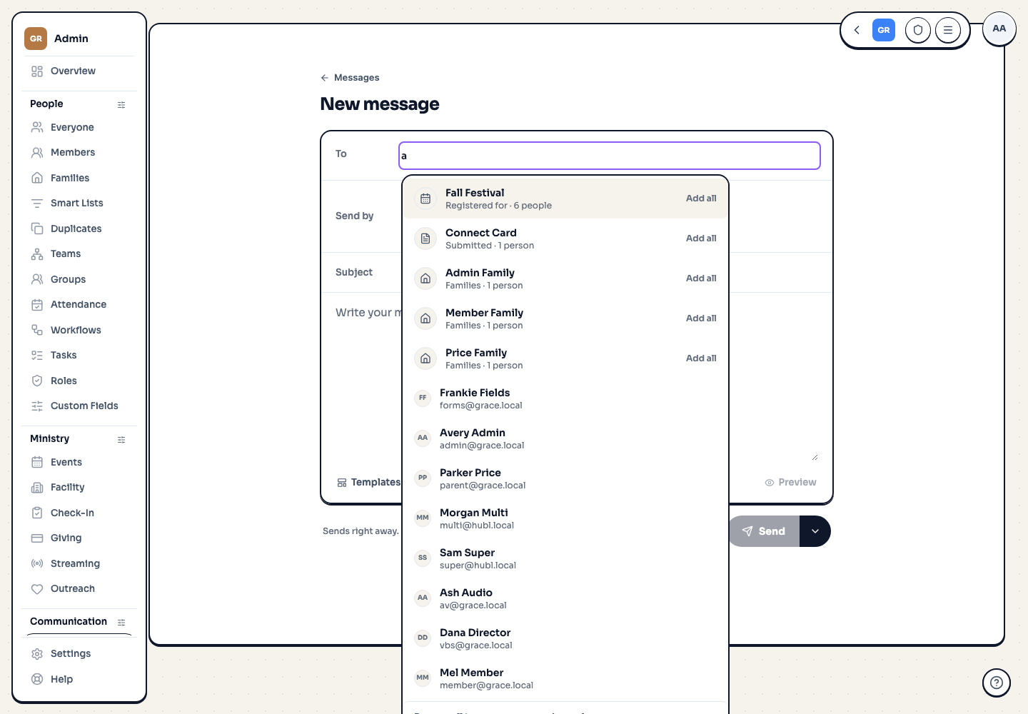The To field open, its search listing an event, a form, families and individual people together