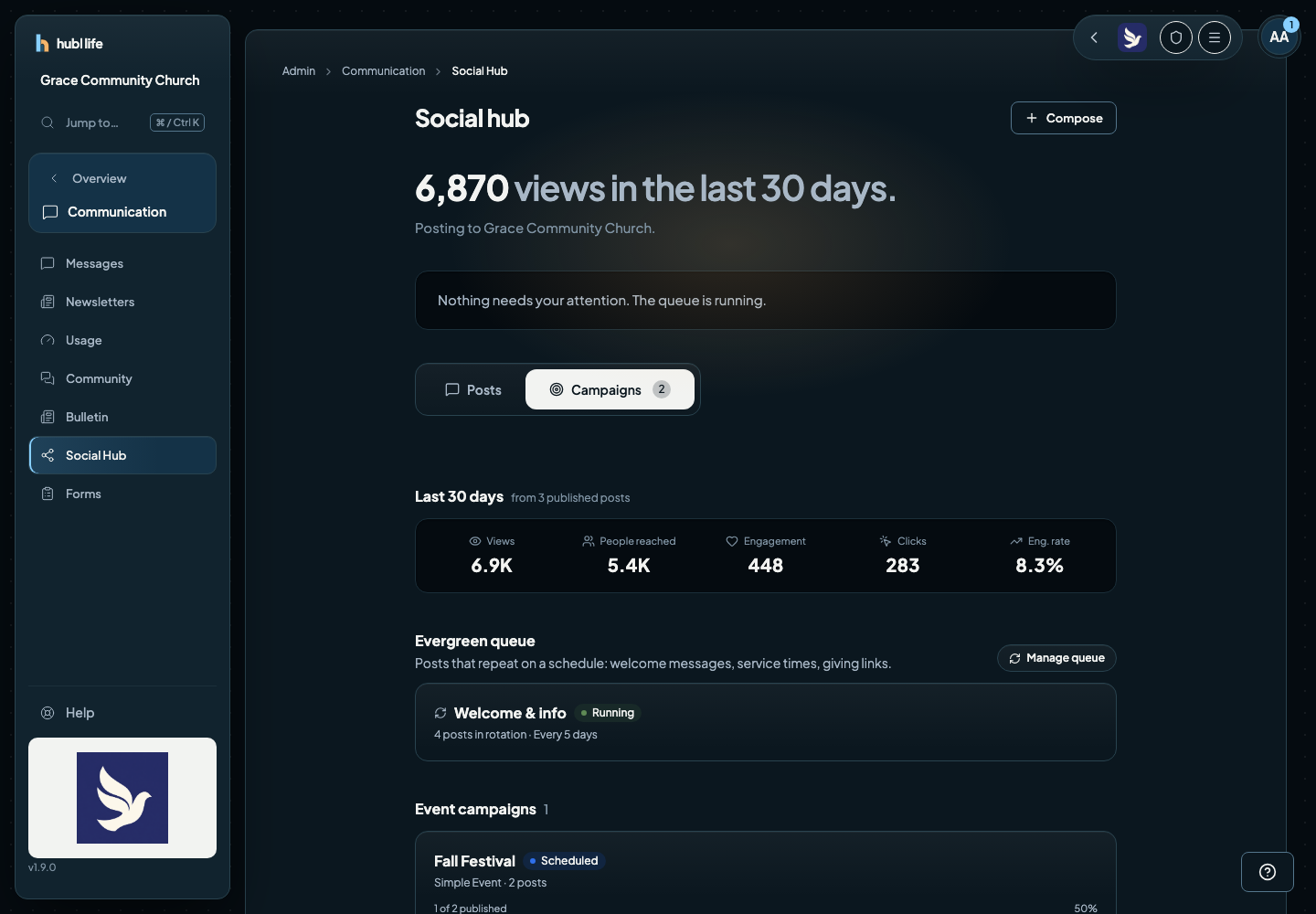 The Campaigns tab showing a 30-day performance summary, an evergreen queue, and an event campaign with a progress bar