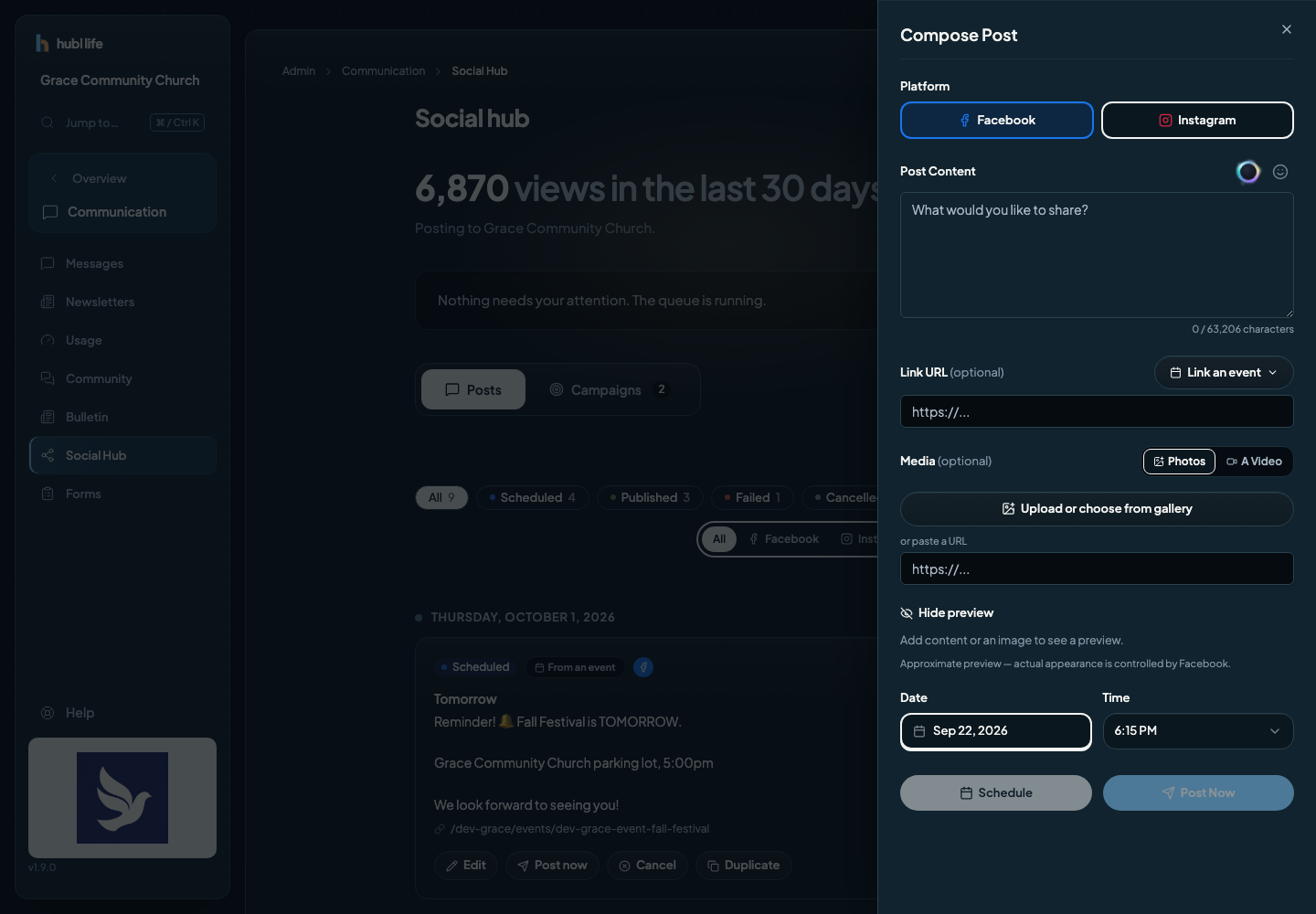 The compose drawer with the platform choice, post text, a toolbar for photos, video and links, a live preview, and the post-now or schedule choice