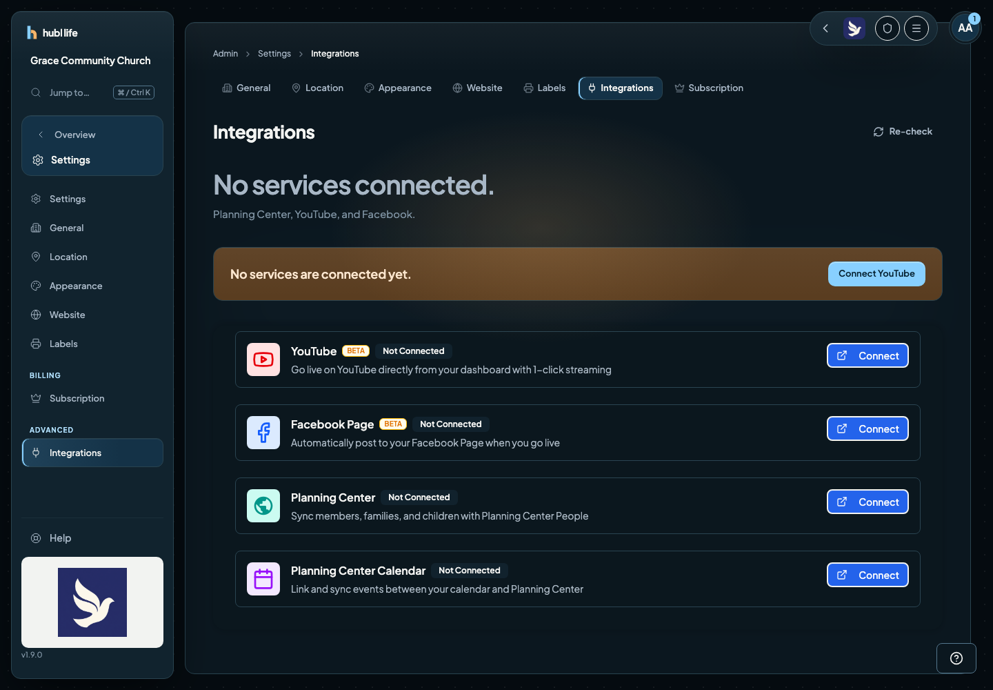 The Integrations settings page with the Facebook Page card showing Not Connected and a Connect button