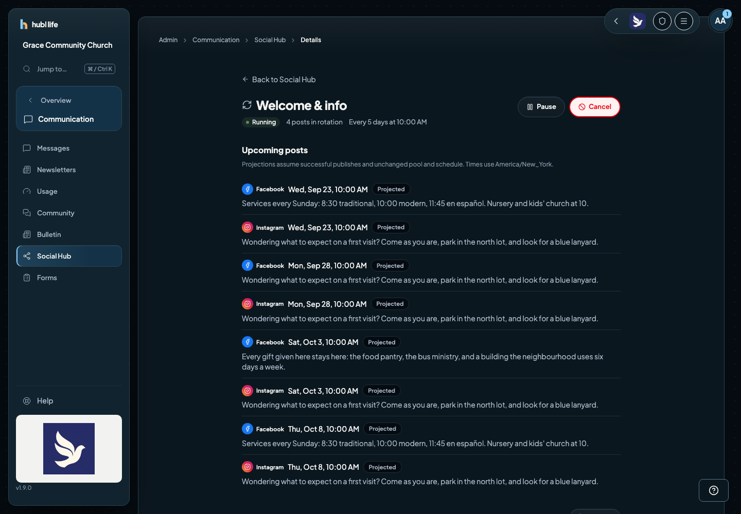 Coming up: the next evergreen posts grouped by day, one line per network, some marked Scheduled