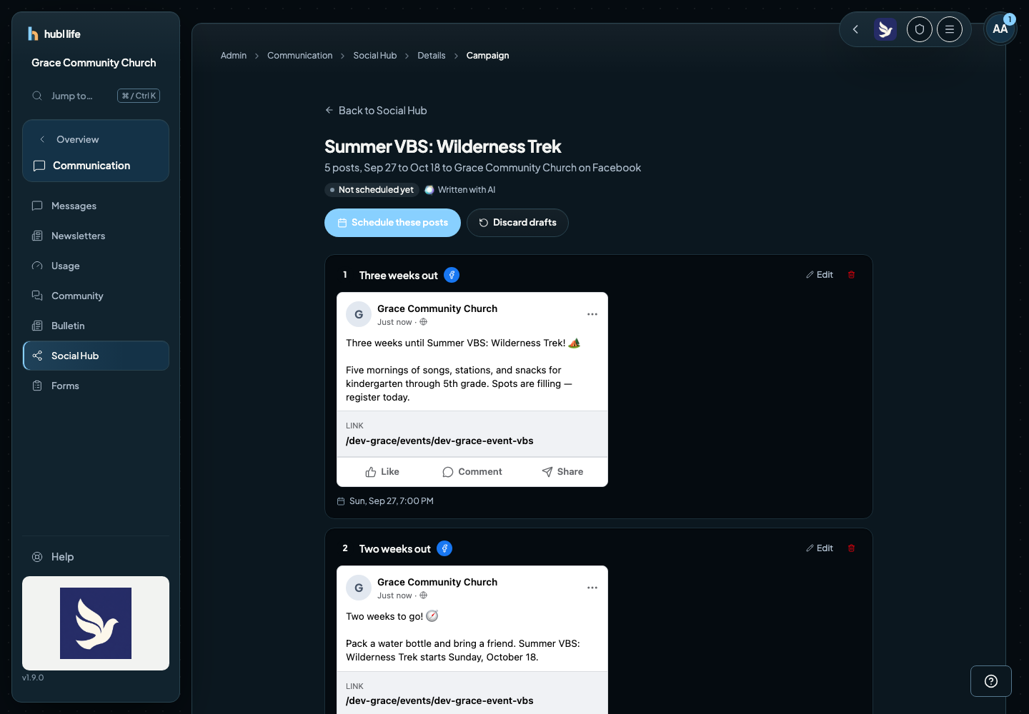 A drafted campaign showing Not scheduled yet, Written with AI, and the posts on a dated timeline