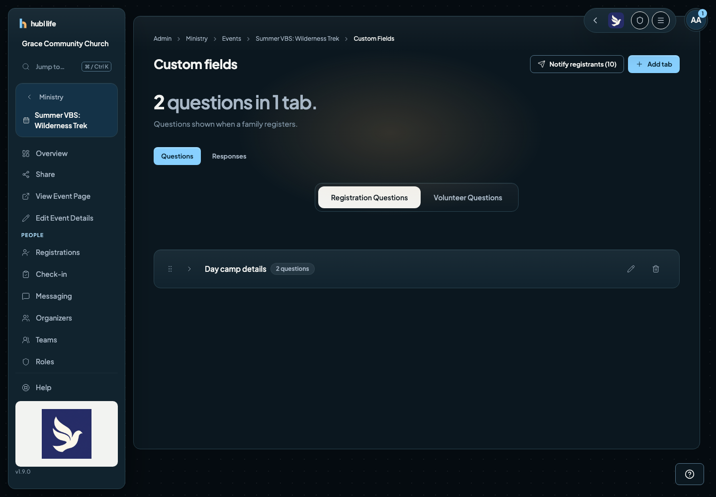 The Questions page with Registration Questions and Volunteer Questions, and a Day camp details tab holding two fields
