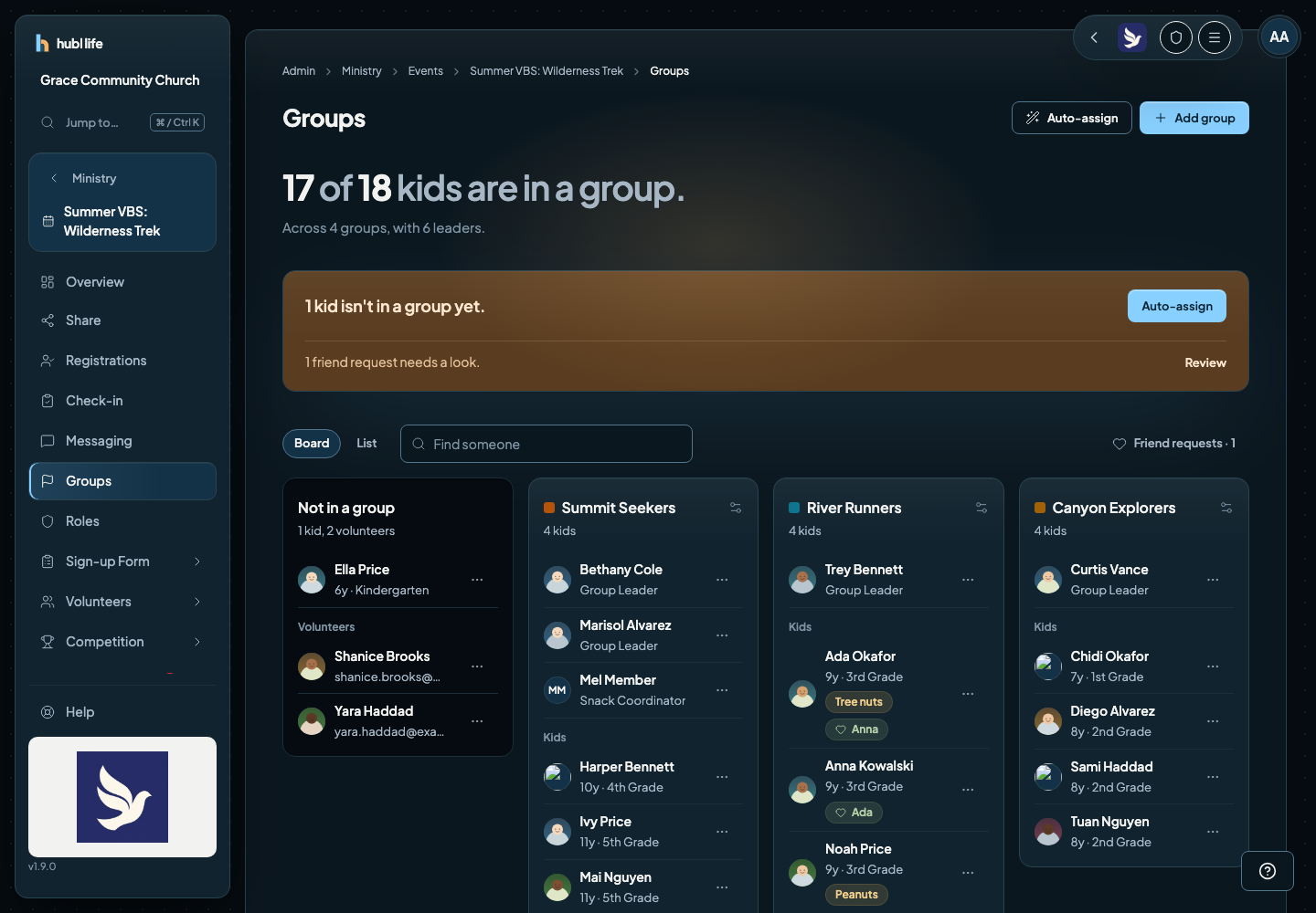The Groups page: a sentence saying how many kids are in a group, a highlighted box listing what still needs attention, and a board with one column per crew