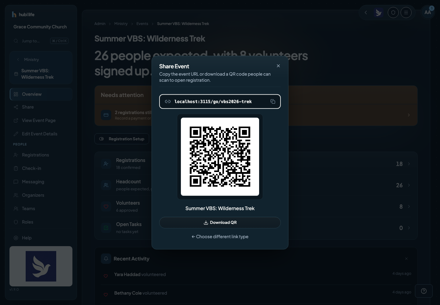 The Share Event dialog showing a short registration link with a Download QR button