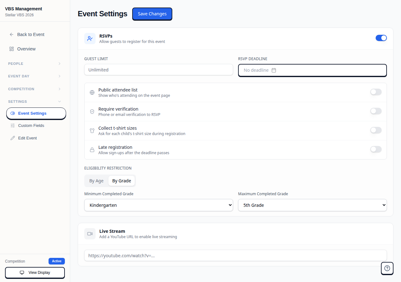 Event Settings page showing RSVP controls, grade restrictions, and t-shirt toggle