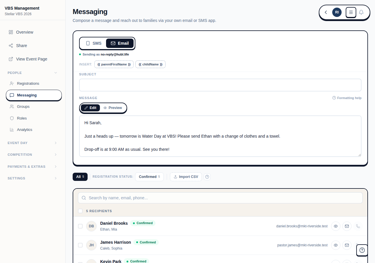 Email compose with template variables and preview