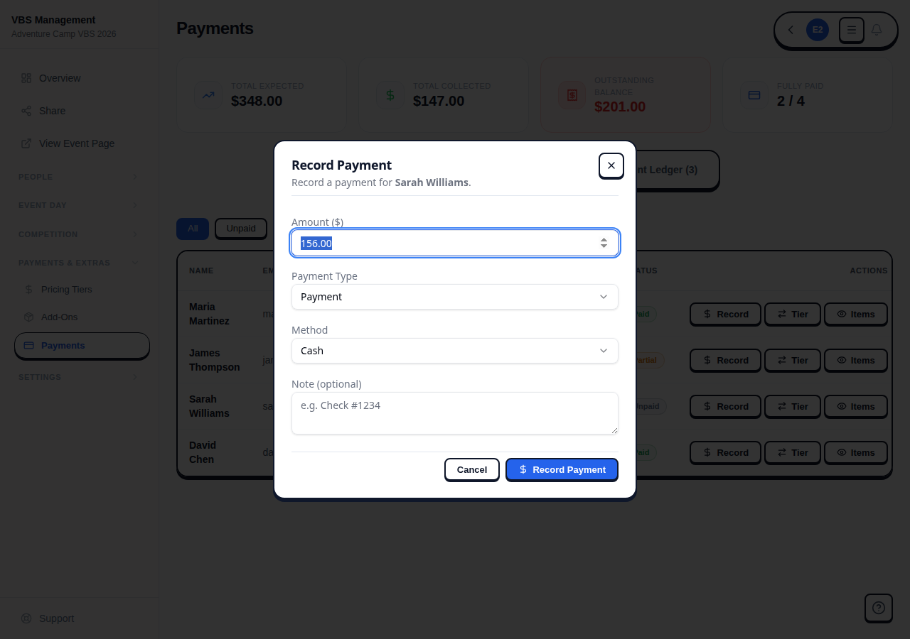 Record Payment dialog with amount, payment method dropdown, and note field