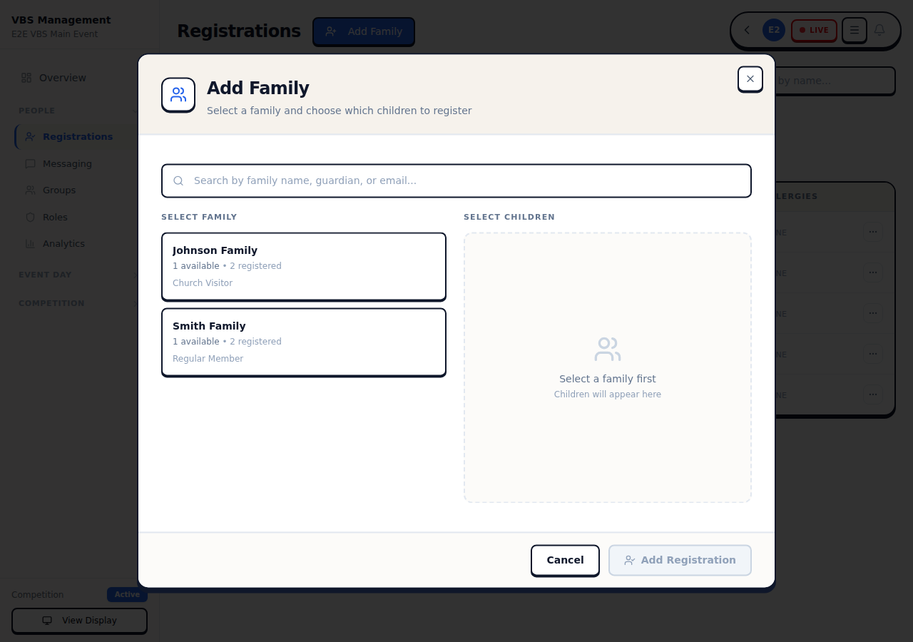 Family Selector dialog with search and child selection