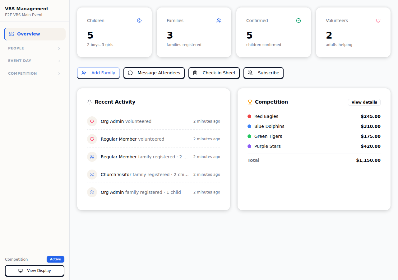 VBS Dashboard with stat cards, quick actions, and recent activity