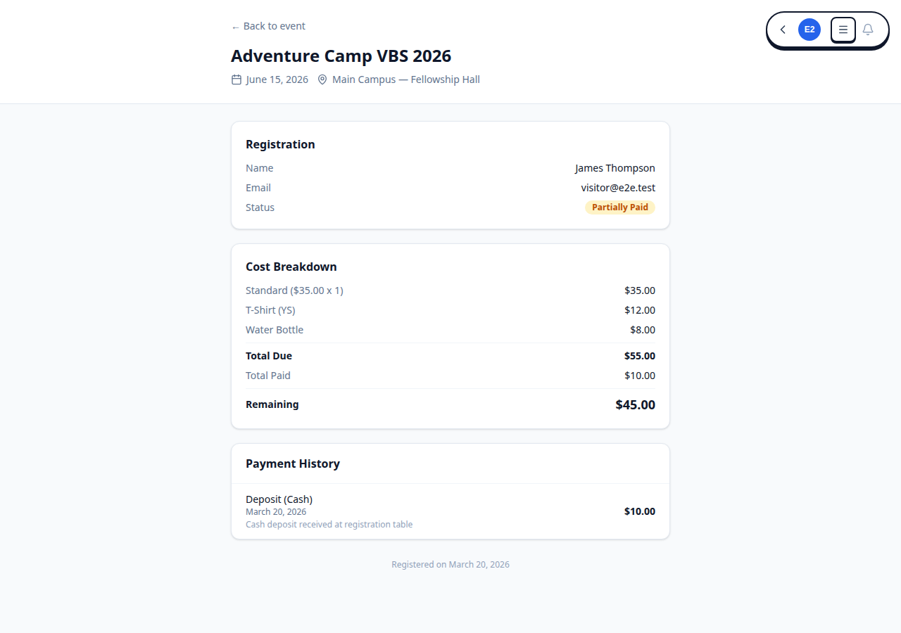 My Registration page showing remaining balance and Pay Now button