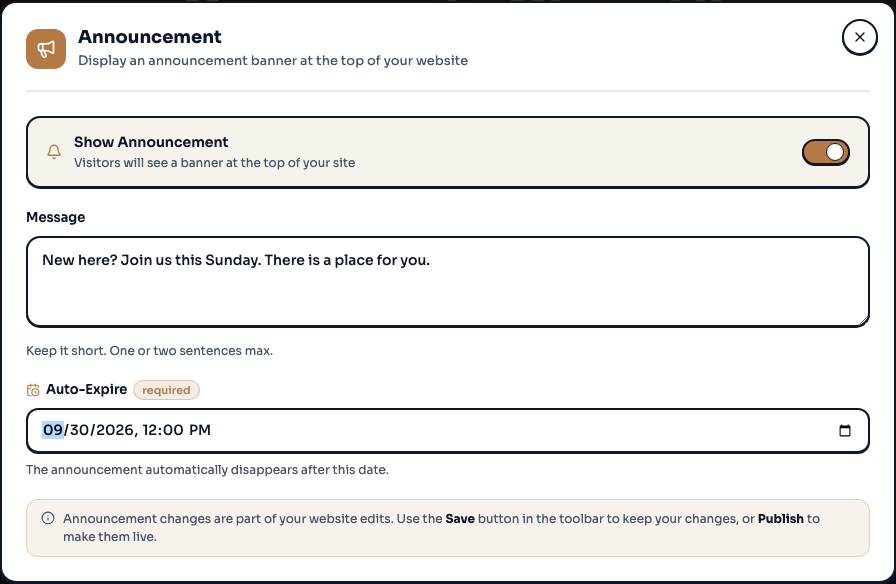 Announcement editor with Show Announcement enabled and Message and Auto-Expire fields visible
