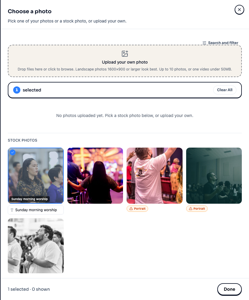 Choose a photo drawer with the upload area, one selected photo, selected count, and Done button