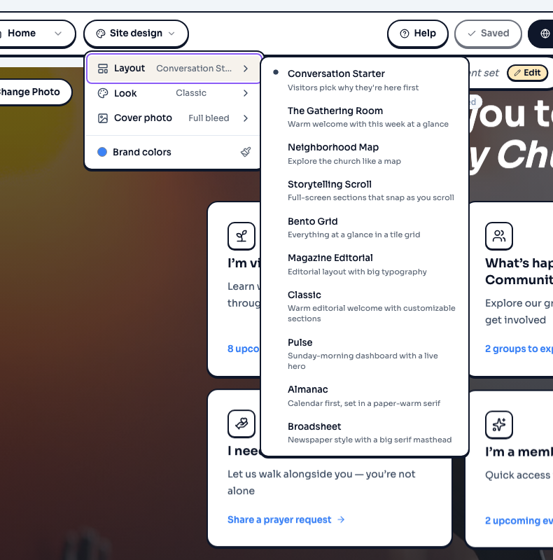 Layout list open from Site design in the website editor