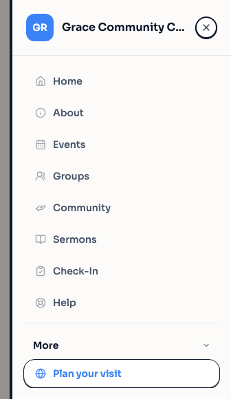 Public website menu with the published Plan your visit page in the More group