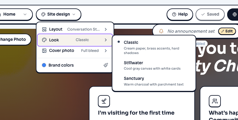 Look list open from Site design in the website editor